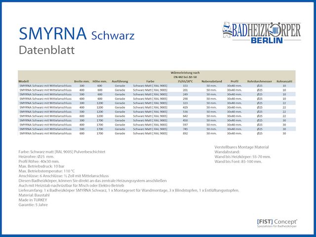 Badheizkörper SMYRNA Schwarz  Matt B: 500 mm. H: 600 mm.