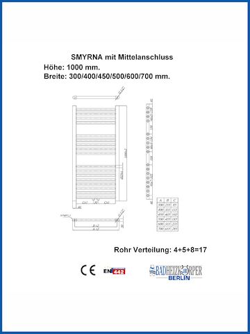 Badheizkörper SMYRNA Weiß 400 x 1000 mm. Gerade oder Gebogen