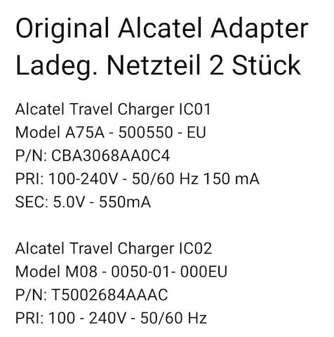 Orig. Alcatel Adapter Ladegeräte Netzteile (2 Stück)