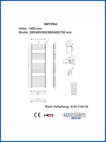 Badheizkörper SMYRNA Weiß 700 x 1400 mm. Gerade oder Gebogen