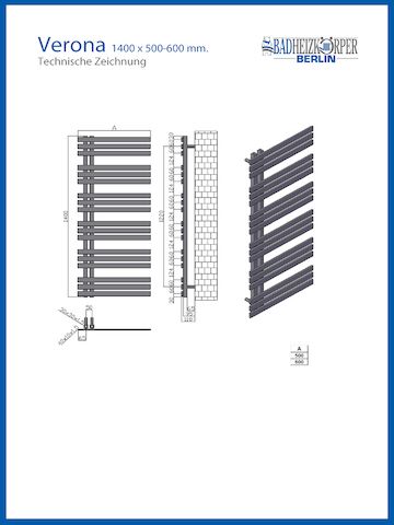 Designbadheizkörper VERONA 1400 x 600 mm.  Schwarz Anthrazit