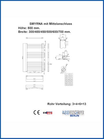 Badheizkörper SMYRNA Weiß 700 x 800 mm. Gerade oder Gebogen