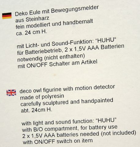 Deko Eule Uhu mit Bewegungsmelder Polyresin 24cm, mit Licht + Sound, inkl. Batterien