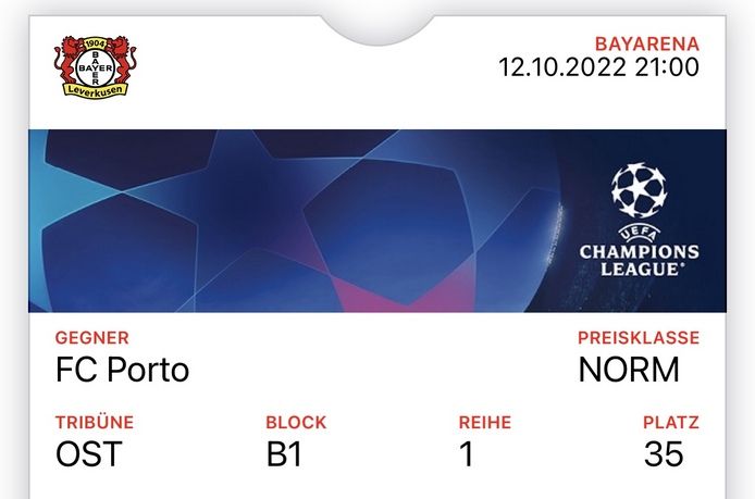 Champions League Tickets Leverkusen gegen Porto 1.Sitzreihe