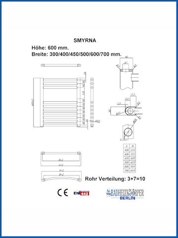 Badheizkörper SMYRNA Weiß 400 x 600 mm. Standard-Mittelanschluss