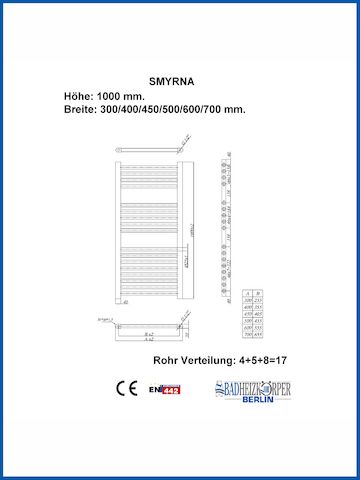 Badheizkörper SMYRNA Weiß 400 x 1000 mm. Gerade oder Gebogen