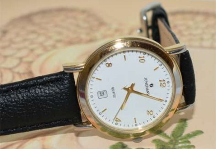 Herren Junghans Uhr Quarz Edelstahl vergoldet mit Datum anzeige