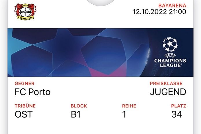 Champions League Tickets Leverkusen gegen Porto 1.Sitzreihe