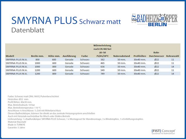 Badheizkörper SMYRNA PLUS Schwarz Matt  Breite: 800 mm. Höhe: 600 mm.
