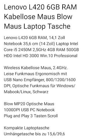 Lenovo L420 6GB RAM Wireless Maus Blow Maus Notebook Tasche