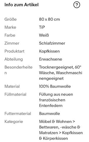 TiP Kopfkissen 80x80 cm 100% Baumwolle Füllgewicht: 1000g