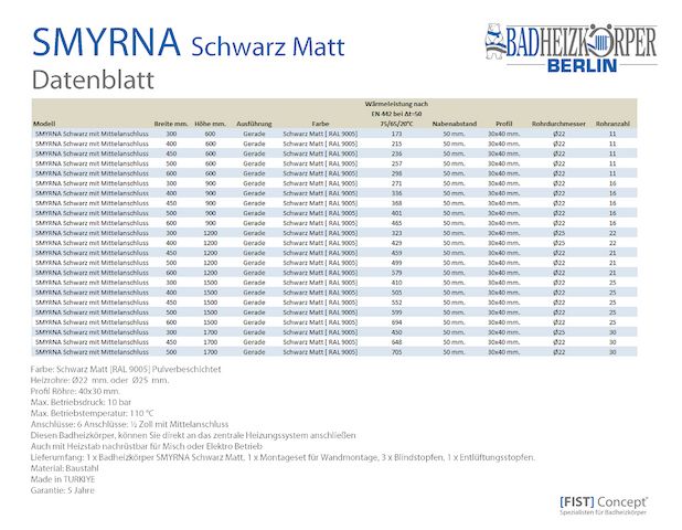 Badheizkörper SMYRNA Schwarz  Matt B: 500 mm. H: 600 mm.