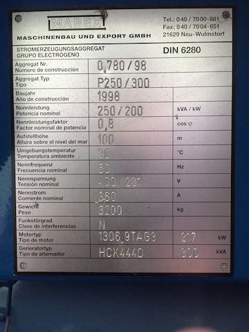Notstromaggregat, Stromerzeuger, Stromaggregat, 250 kVA 200kW Mabex, Bearward