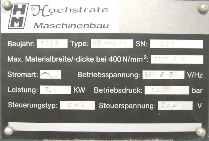 Hydraulische NC Schwenkbiegemaschine Hochstrate SB 10006