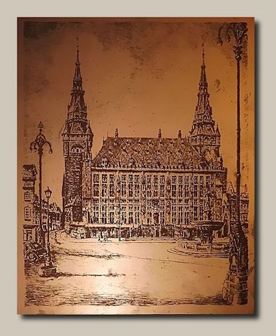 Aachener Rathaus auf kupferkaschierter Pertinaxplatte