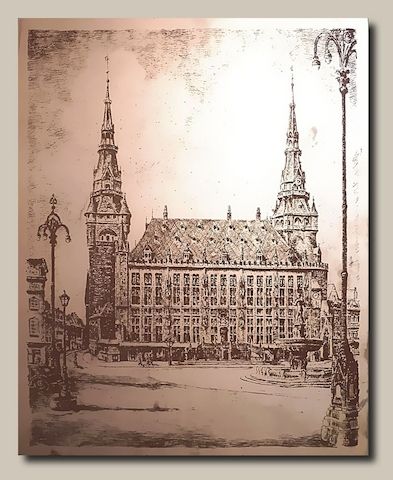 Aachener Rathaus auf kupferkaschierter Pertinaxplatte