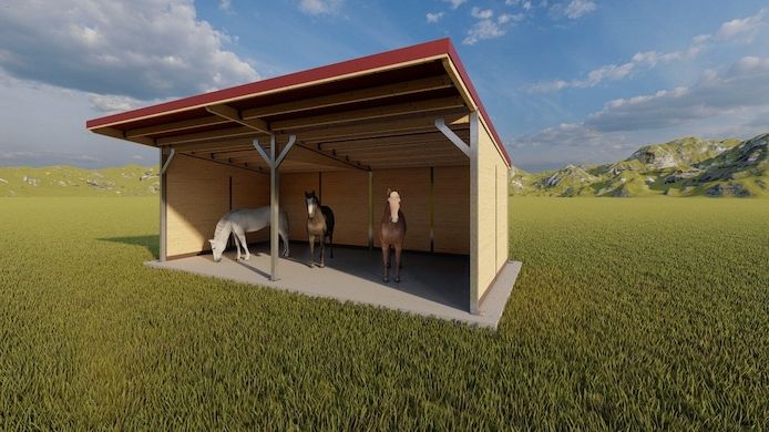 Offenstall & Weidehütte mit Heuraufe | Pferdeunterstand - Weide