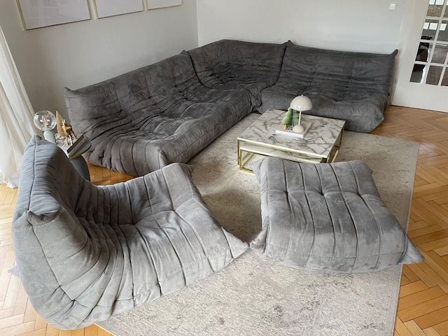 Ligne Roset Togo Couch Komplettset 3, 2, 1, Ecke, Hocker grau Microfaser Sessel