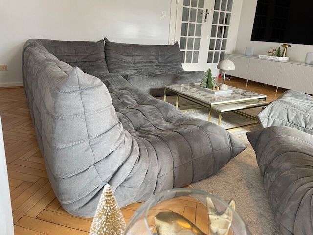Ligne Roset Togo Couch Komplettset 3, 2, 1, Ecke, Hocker grau Microfaser Sessel