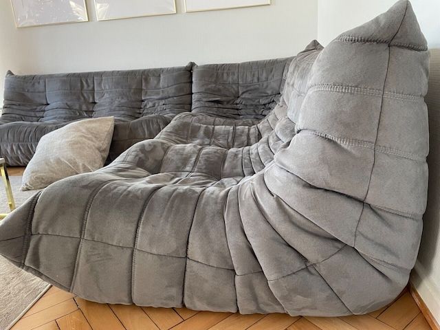 Ligne Roset Togo Couch Komplettset 3, 2, 1, Ecke, Hocker grau Microfaser Sessel