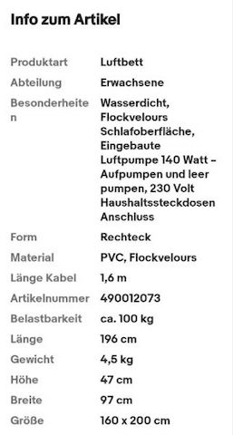 2 Personen Luftbett Luftmatratze selbstaufblasend Reisebett mit Pumpe Gästebett