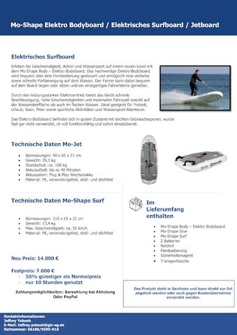 Mo-Shape Elektro Bodyboard / Elektrisches Surfboard / Jetboard