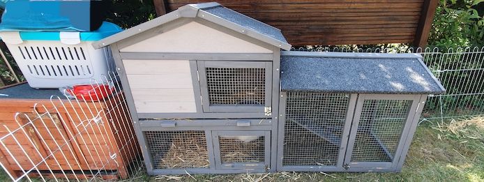 2 Kaninchen mit Käfigen, Freilaufgehege & viel Zubehör – gemeinsam oder einzeln abzugeben
