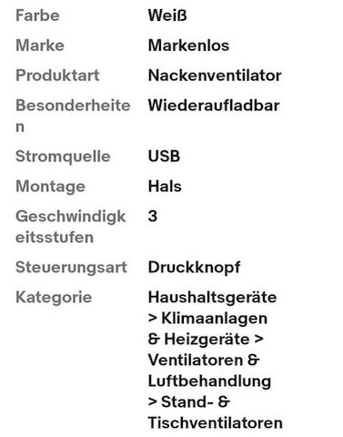 Tragbarer Nackenventilator 3000mAh USB Akku Rotorlos 3 Stufen Weiß Büro Reise