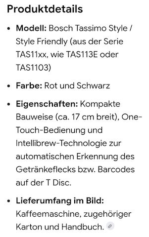 Bosch Tassimo TAS11x "style friendly", Nicht im Lieferumfang: Wassertank