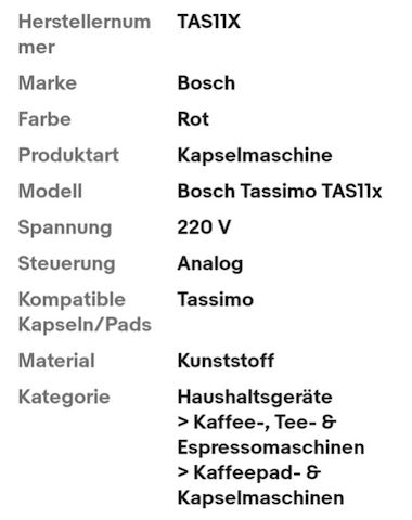Bosch Tassimo TAS11x "style friendly", Nicht im Lieferumfang: Wassertank