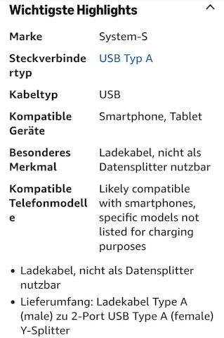 Kabel USB Typ A Stecker zu 2 x USB Typ A Buchse Y-Splitter Ladekabel