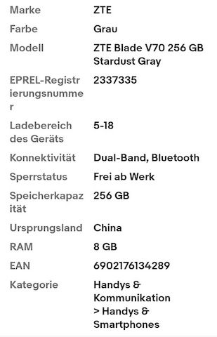 ZTE Blade V70 256 GB Stardust Gray Dual SIM Smartphone Handy Mobiltelefon, Hülle